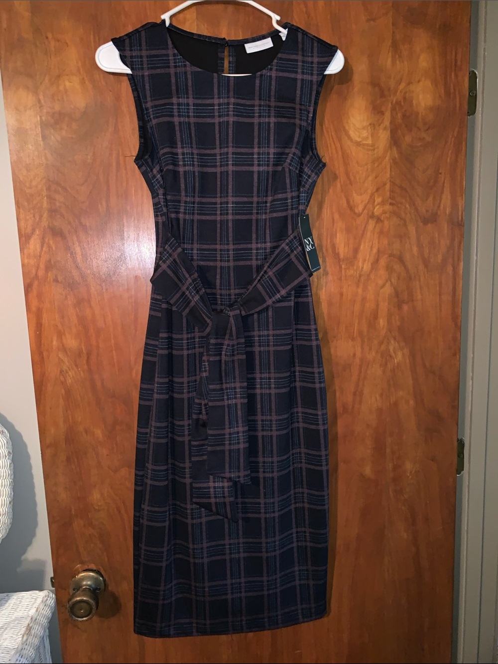 New York & Company Navy and Burgundy Plaid Belted Sheath Dress